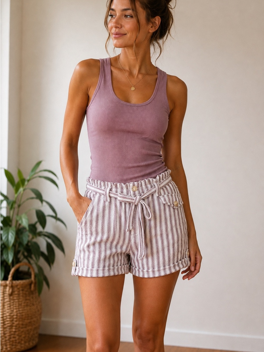 Free People Mauve & White Striped High Waist Tie-Front Shorts